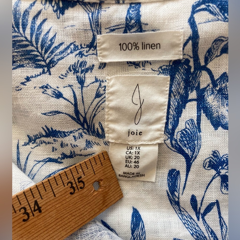 JOIE 100% Linen Tropical Blue/White Toile Print Button-Down Blouse 1X Botanical - Picture 4 of 9